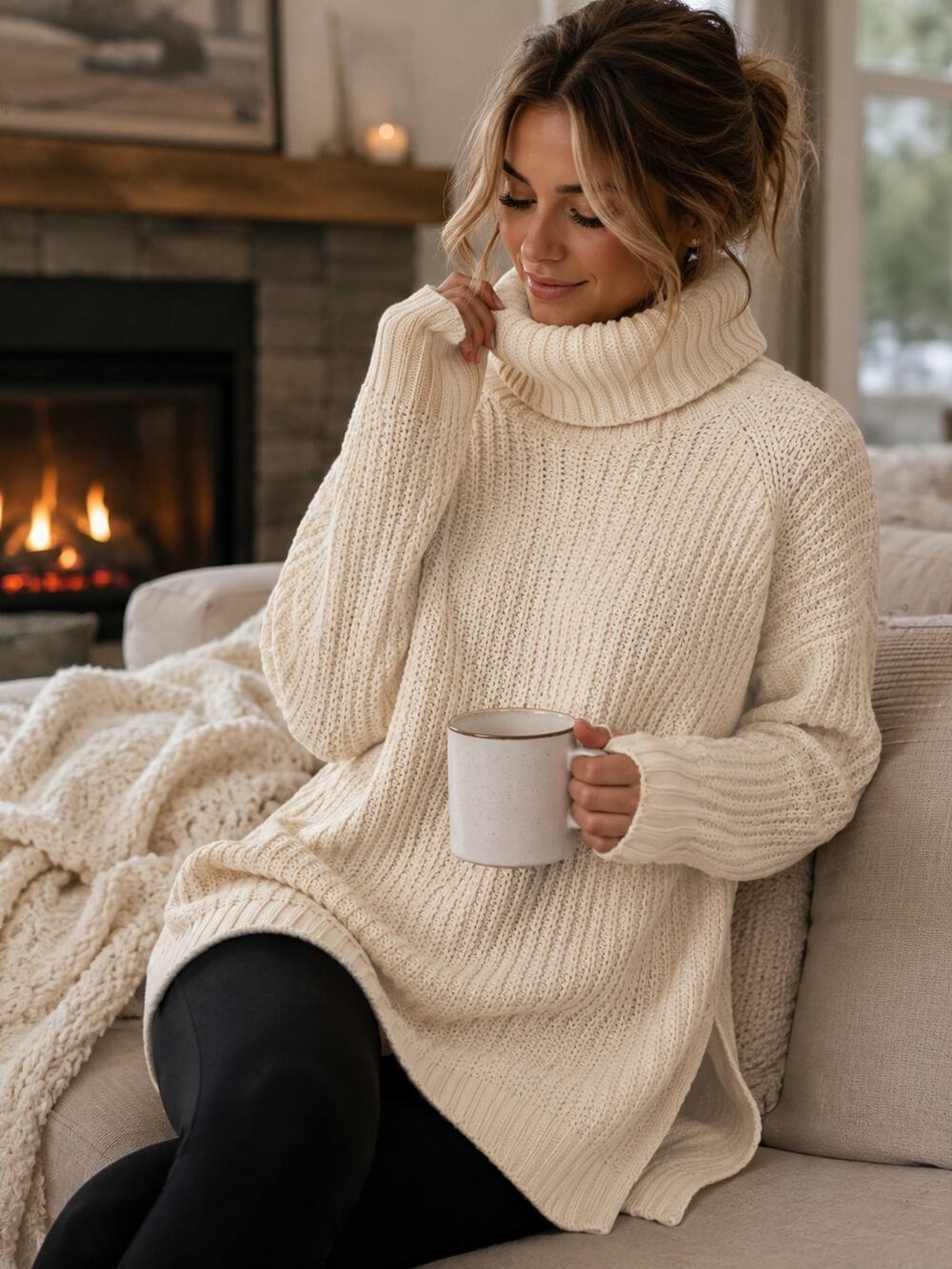 Ivory Chunky Knit Turtleneck Sweater XS Oversized Cozy Pullover